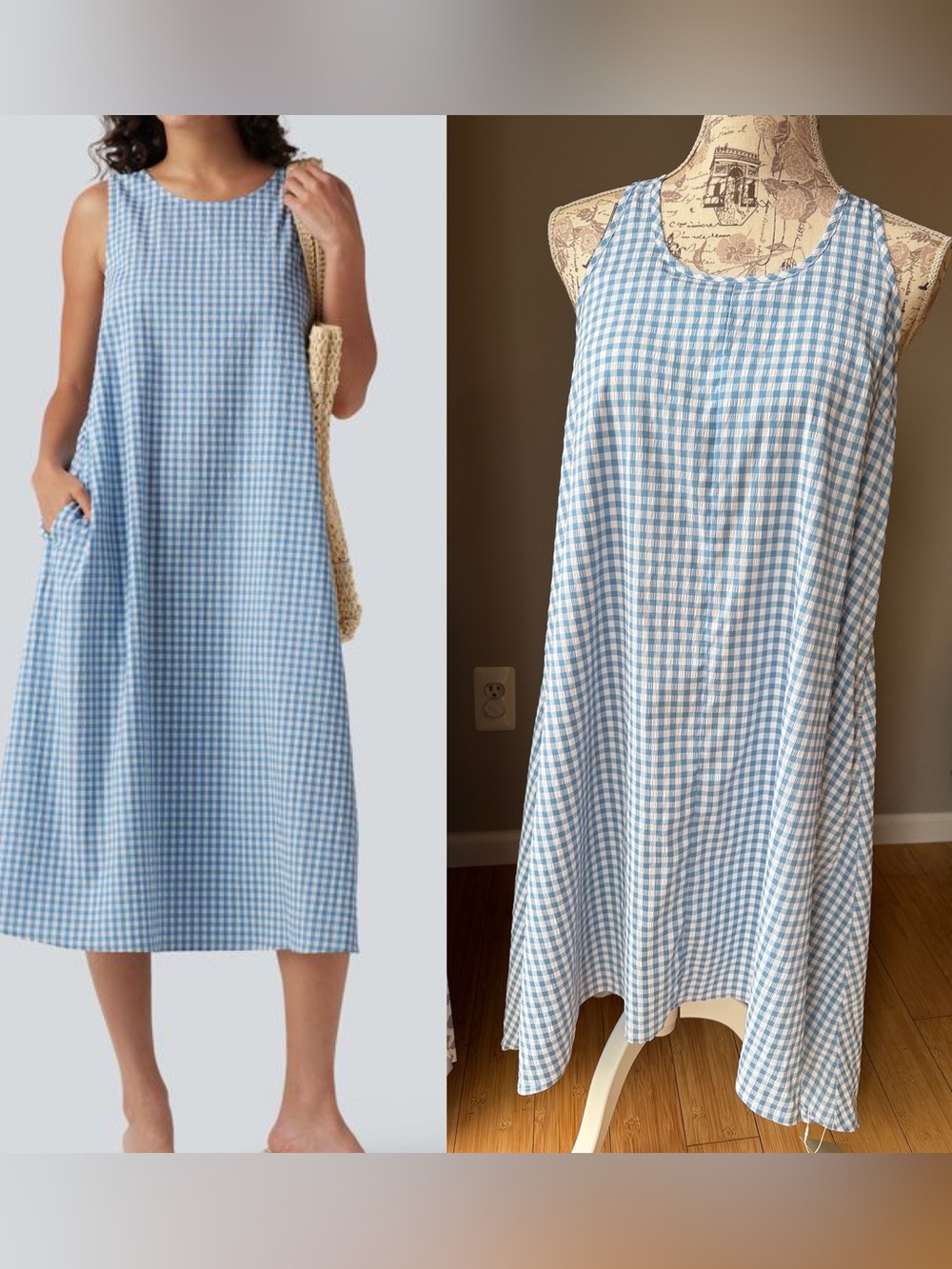 Halara Round Neck Sleeveless Midi Crinkle Gingham Casual Tank Dress